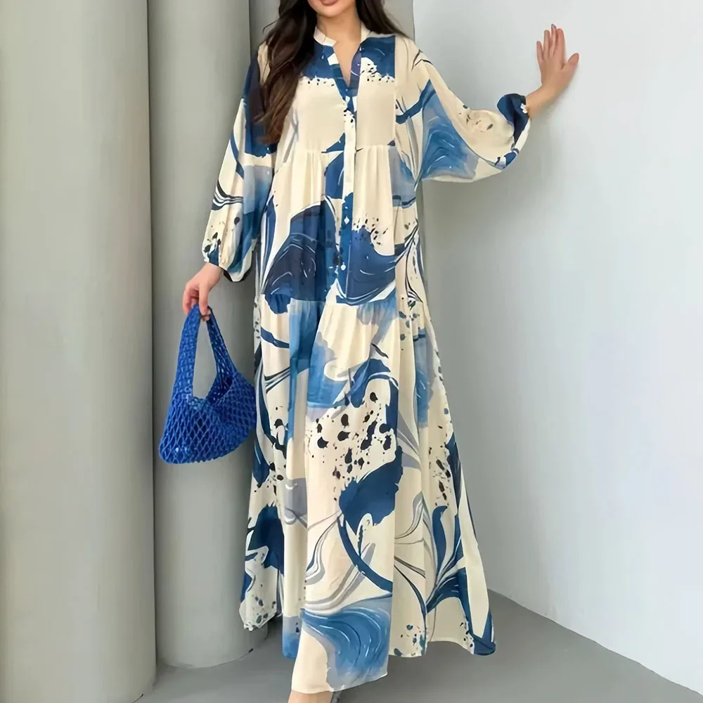 Elegantes Blumendruck-langes Kleid für Damen, 2025, Herbst und Winter, langärmelig, V-Ausschnitt, lockere Maxikleider, lässige Roben