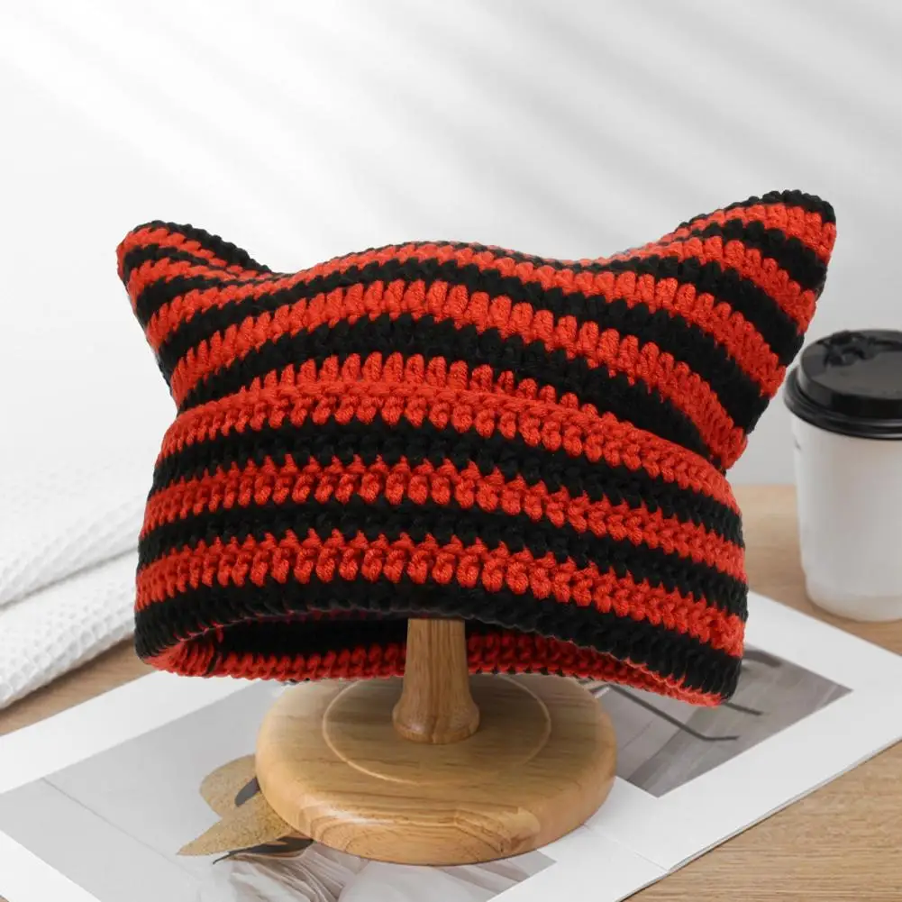 Cute Little Devil Autumn Winter Knitted Hat Cute Striped Cat Ear Cap Thickened Wool Yarn Stretchy Headwear for Outdoor Warmth