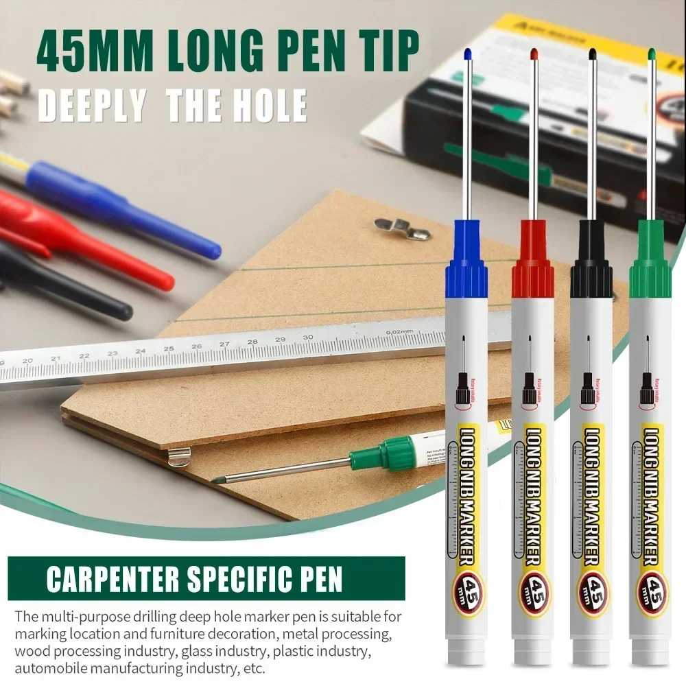 4/10 Pc 45mm Waterproof Deep Hole Long Head Nib Markers Black/Blue/Red/Green Ink for Carpenter Pen Multi-Purpose Woodwork Tools