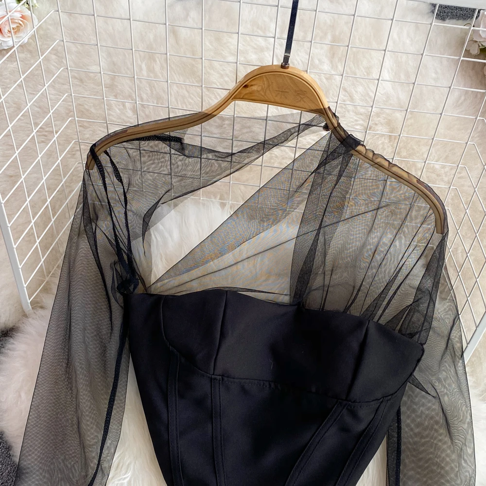 Chemise Sexy à col montant pour femme, coupe Slim, Style coréen, maille épissée, mode, haut court assorti, printemps