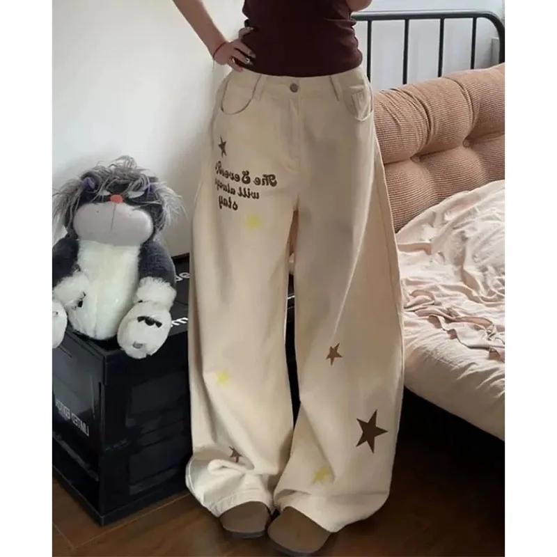 

Women Loose Printed Cowboy Pantalons American Ladies High Waist Straight Leg Trousers Autumn Femme Fashion Denim Wide-leg Pants