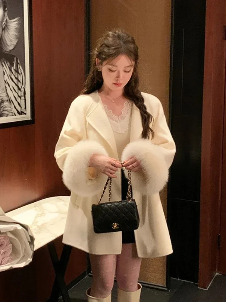 

Scarf Mid-length Warm Cashmere Woolen Jacket Real Fox Fur Cuff 100% Wool Coat Female New Autumn Winter Clothing Women