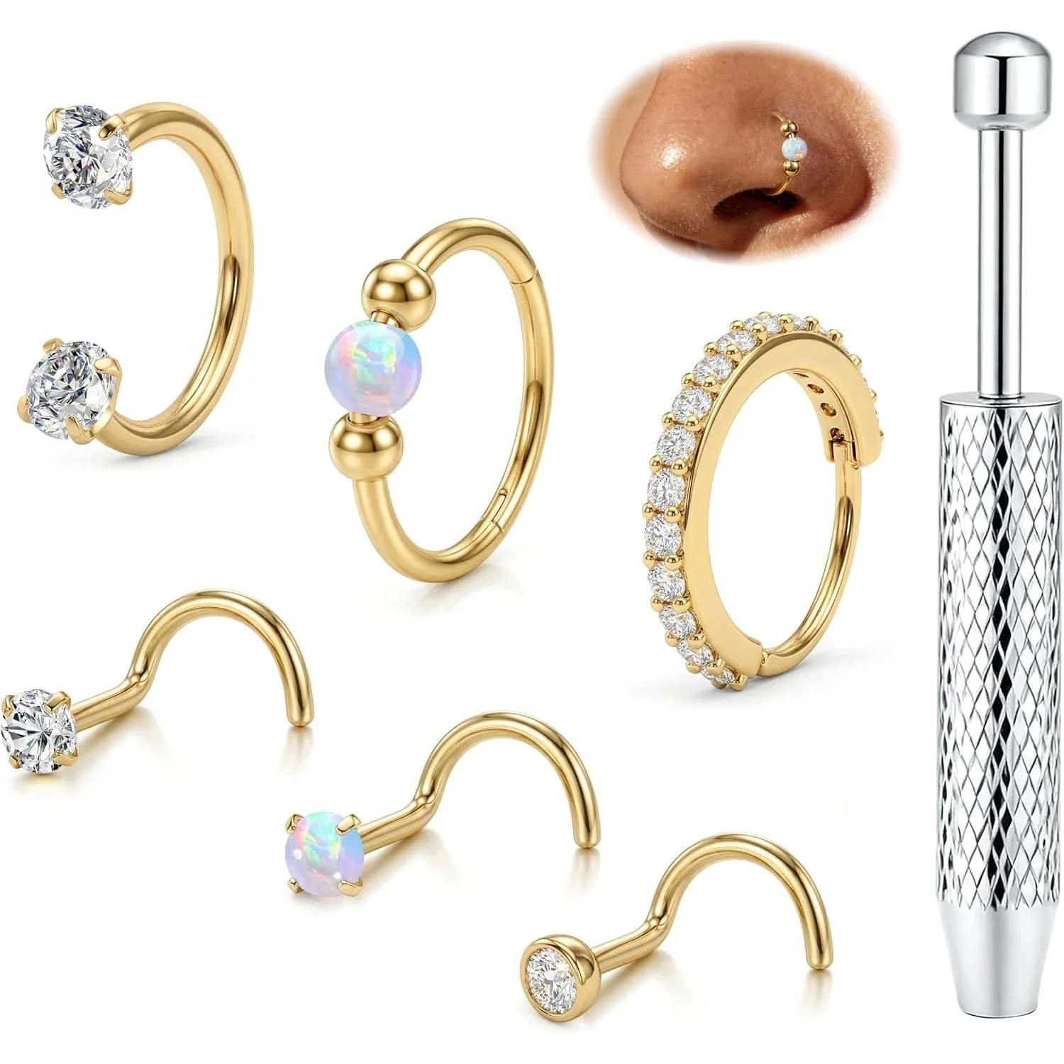ORAZIO 18G 20G Acier plaqué or 14K avec Zircon Cubique et Opale, Piercing Fer à cheval en forme de L pour Nez, Lèvre, Tragus, Hélix, Narine, Hypoallergénique, Bijou délicat pour femme, Cadeau