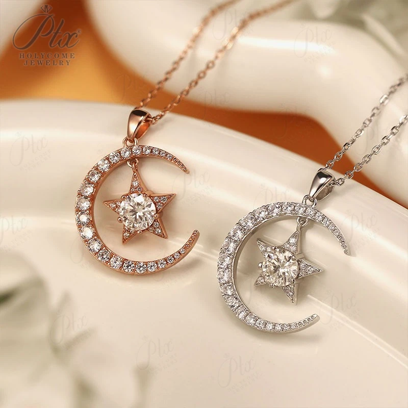 

Комплект ожерелья с подвеской в виде Луны и звезды из стерлингового серебра 925 пробы с муассанитом класса D/VVS1 подходит в подарок