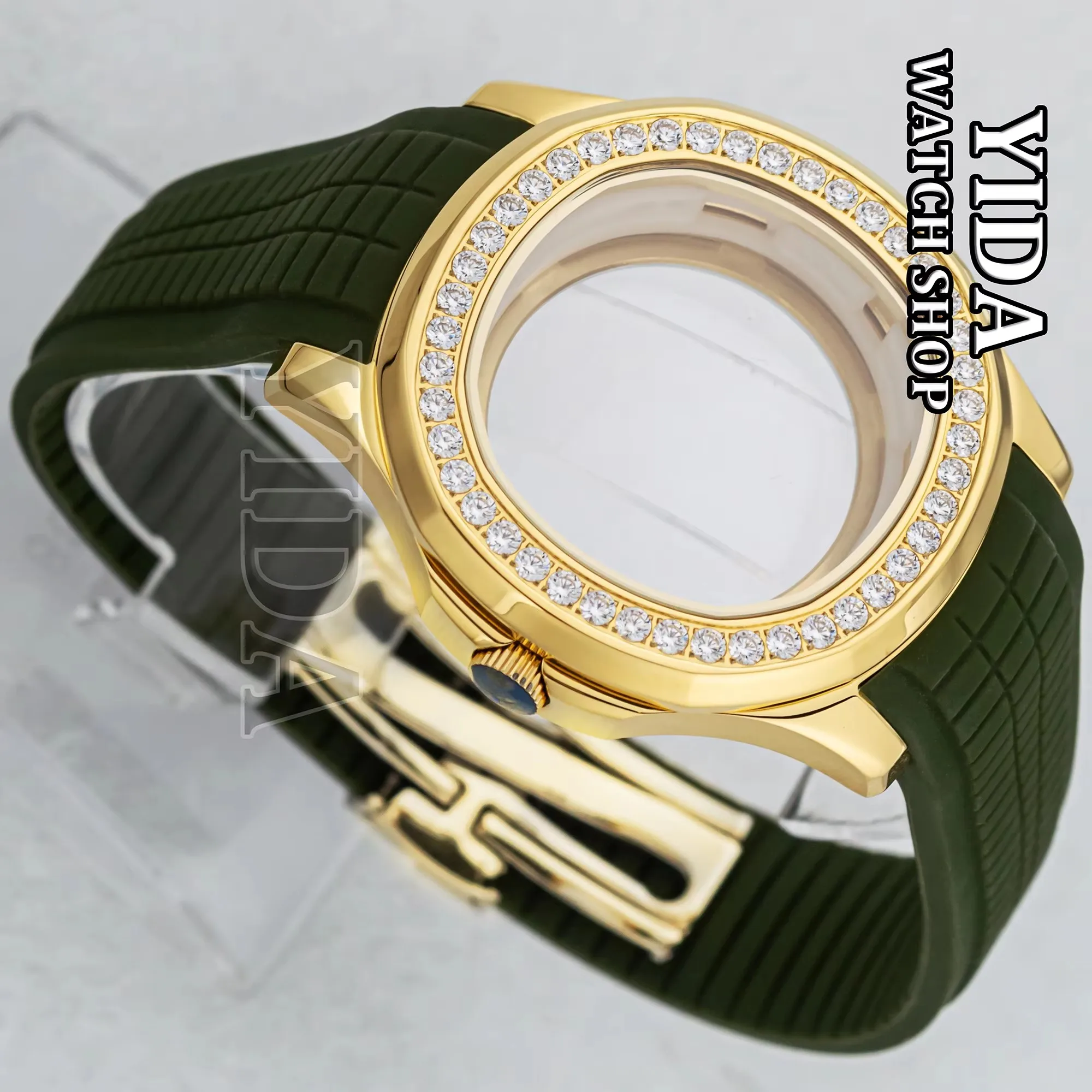 NH35 Watch case 42MM Diamond Gold Case Rubber Strap Sapphire Glass for AQUANAUT Nautilus NH35 NH36 Movement  Watch Replacements
