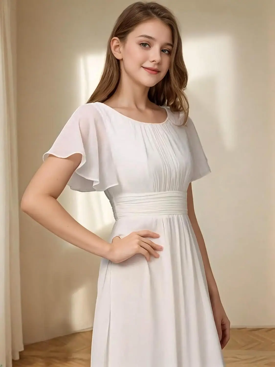 A-lijn Junior Bruidsmeisjesjurken Korte mouwen A-lijn Chiffon Bloemenmeisjesjurk Afstudeerjurken voor meisjes Formele jurk