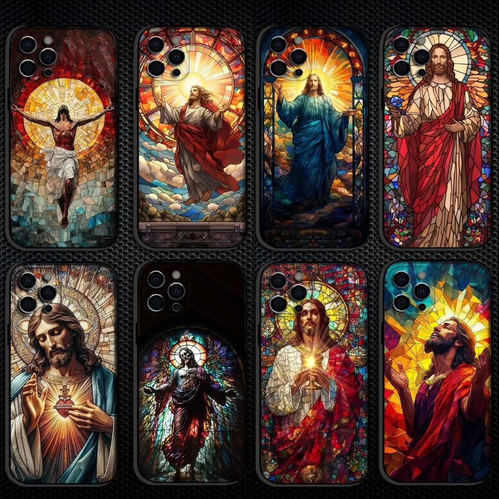 

Classic Stained Glass Jesus Christ Phone Case For iPhone 16,15,14,13,12,11 Plus,Pro Max, Soft Silicone Black Cover