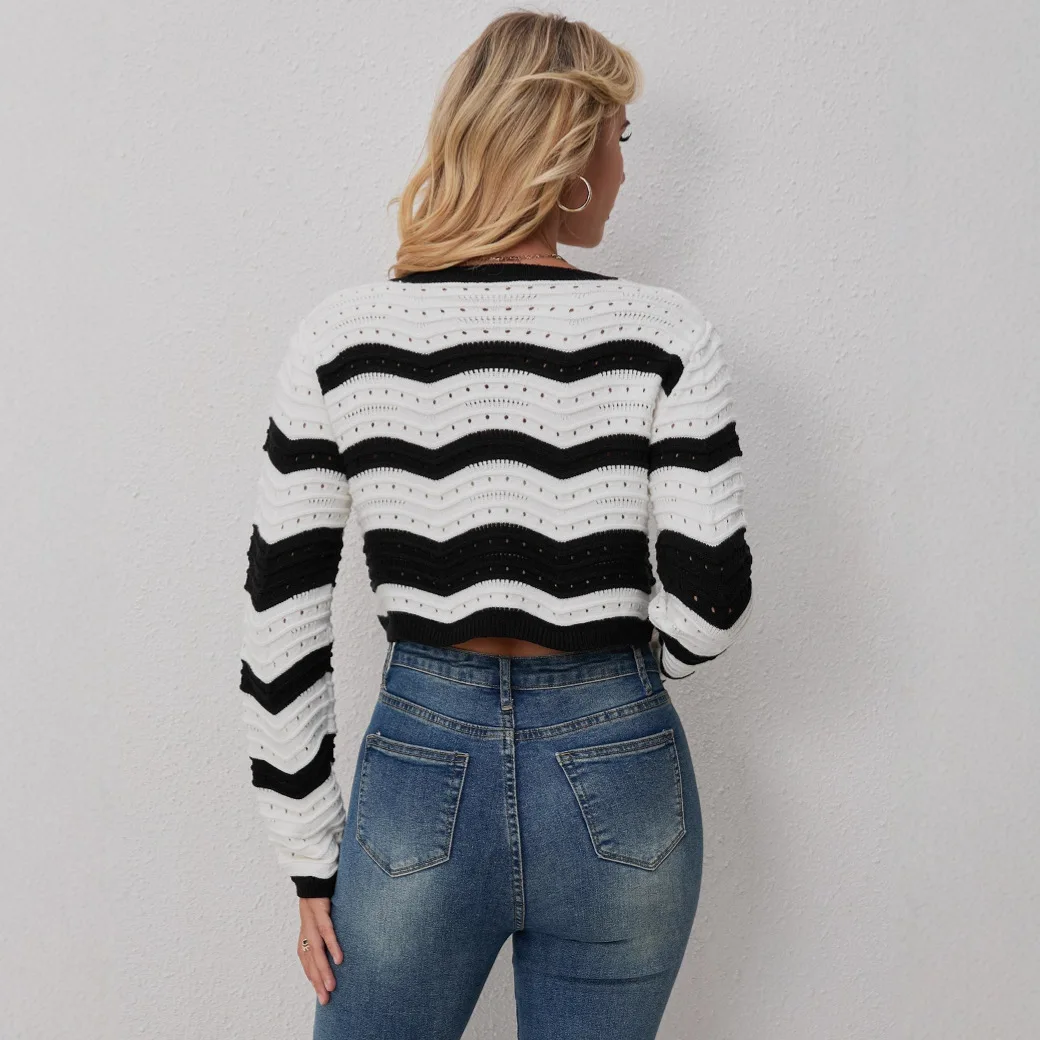 여성 니트 숏 가디건 스웨터 스플라이스 점퍼 스트라이프 컷아웃 O넥 긴팔 슬림핏 캐주얼 오피스룩 2025 가을