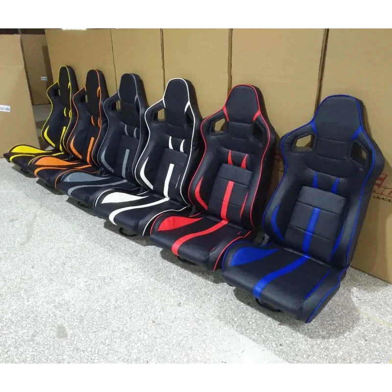 Hot Selling Pair Universal Reclining Sport Racing Seats, Black PVC Leather With Orange Or Blue Stripe For Car Modification
