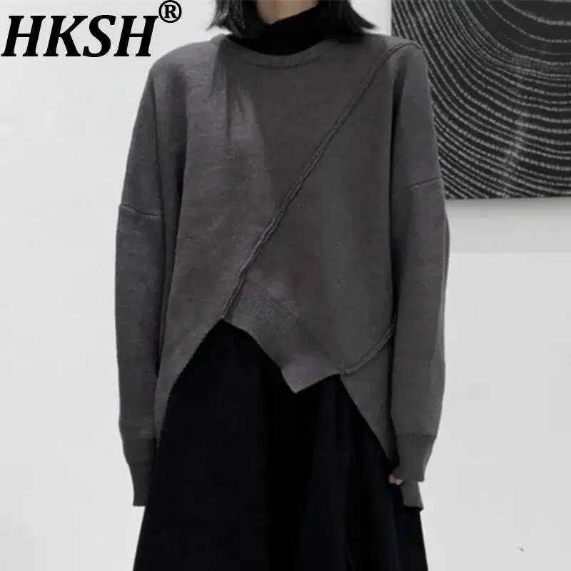 HKSH Women Sweater Trend Dark Style Niche Irregular Patchwork Design Loose Casual O-Neck Knit Pullover Autumn Winter New HK26316