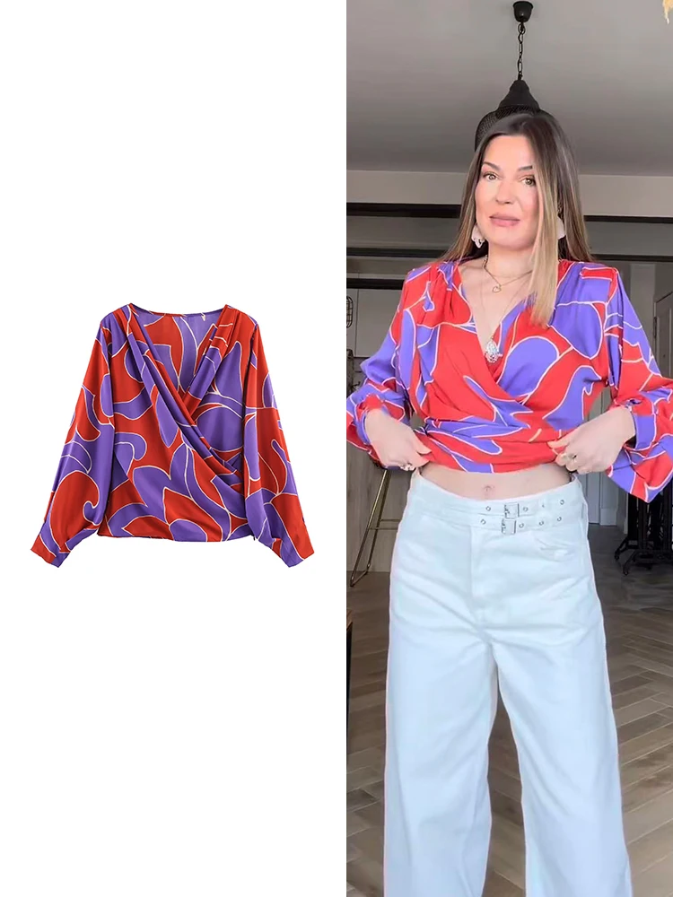 Sexy Damen V-Ausschnitt Bluse Büro Langarm Frühling Sommer Mode Elegantes Bedrucktes Hemd 2026 Neue Damen Vintage Oberteile