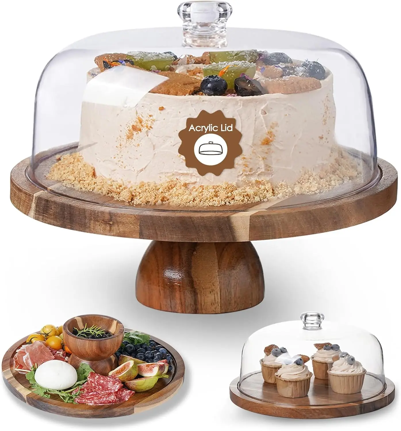 

Acacia Wood Cake Stand with Acrylic Dome Lid - 12in Multi-Functional Display Set, Detachable Charcuterie Board