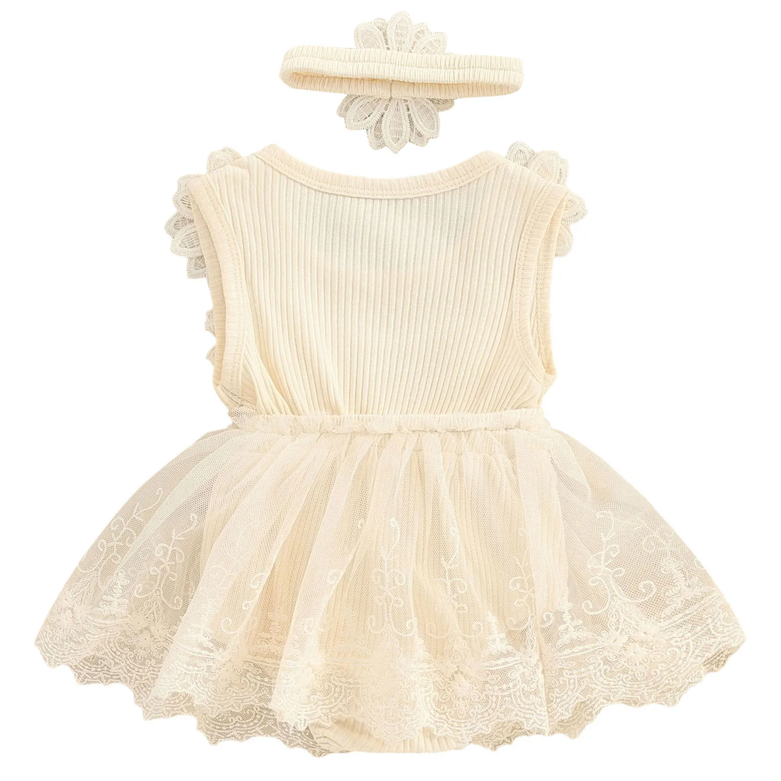 Baby Girls Flower Dress Sleeveless Rib Knit Lace Dresses Romper Infant Summer Birthday Party Christening Clothes with Headband