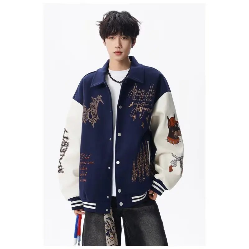 

Куртка Longfengni с кожаными рукавами и вышивкой, модная, ленивая, универсальная, новый стиль, искусство Харадзюку, популярные вставки, простая