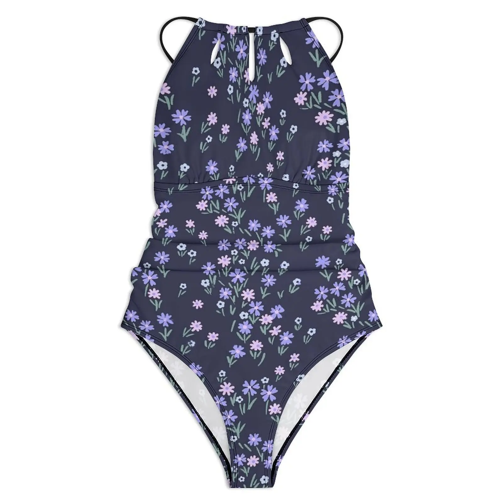 Blue Ditsy Floral Swimsuit Purple Flowers Push Up Swimwear One-Piece Holiday Rave Bathing Suits Swimsuits Graphic Beach Outfits