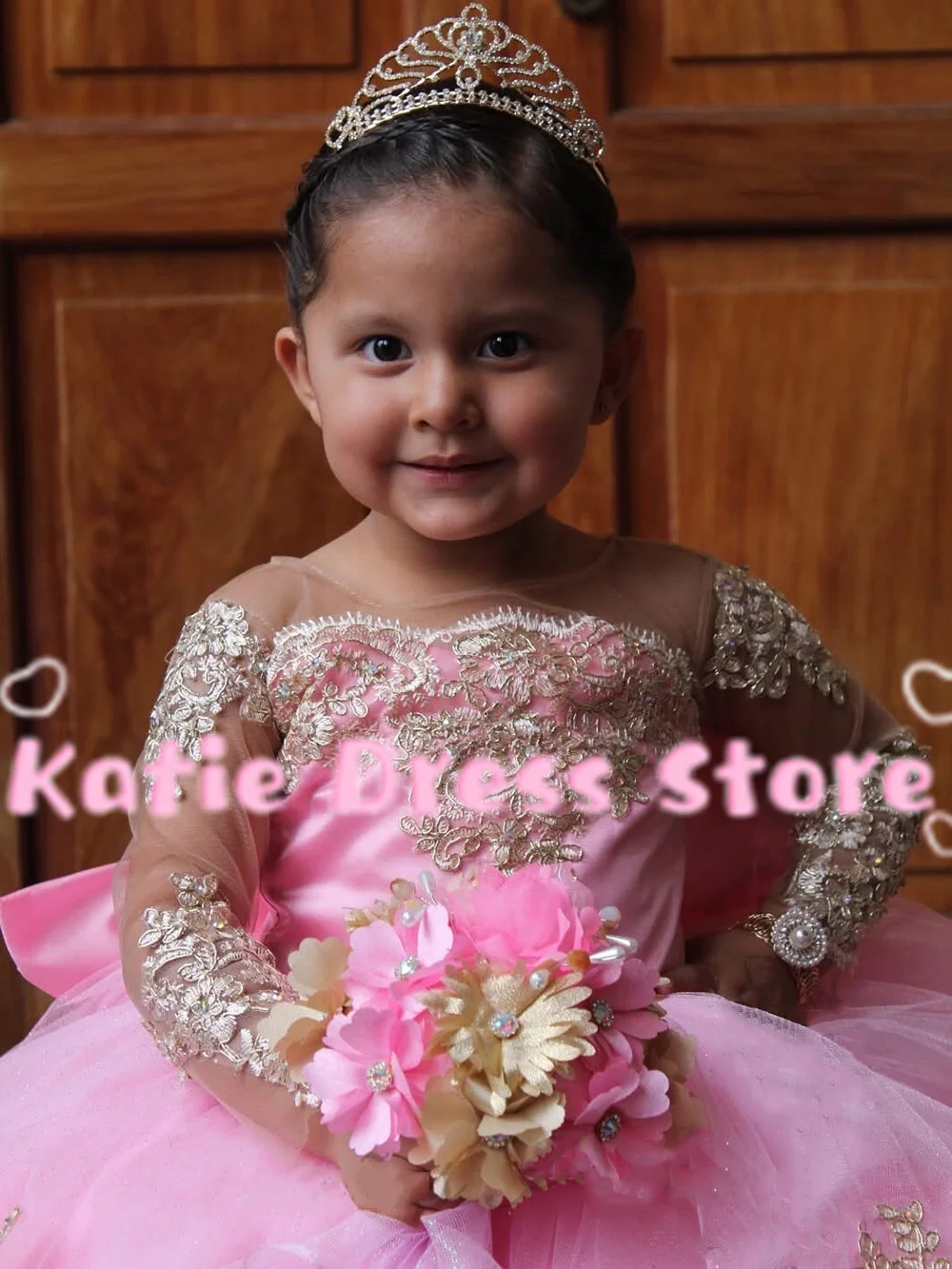 Elegant Pink Flower Girl Dress for Wedding Tulle Lace Applique with Bow Kids Birthday Party First Communion Ball Gown Customized