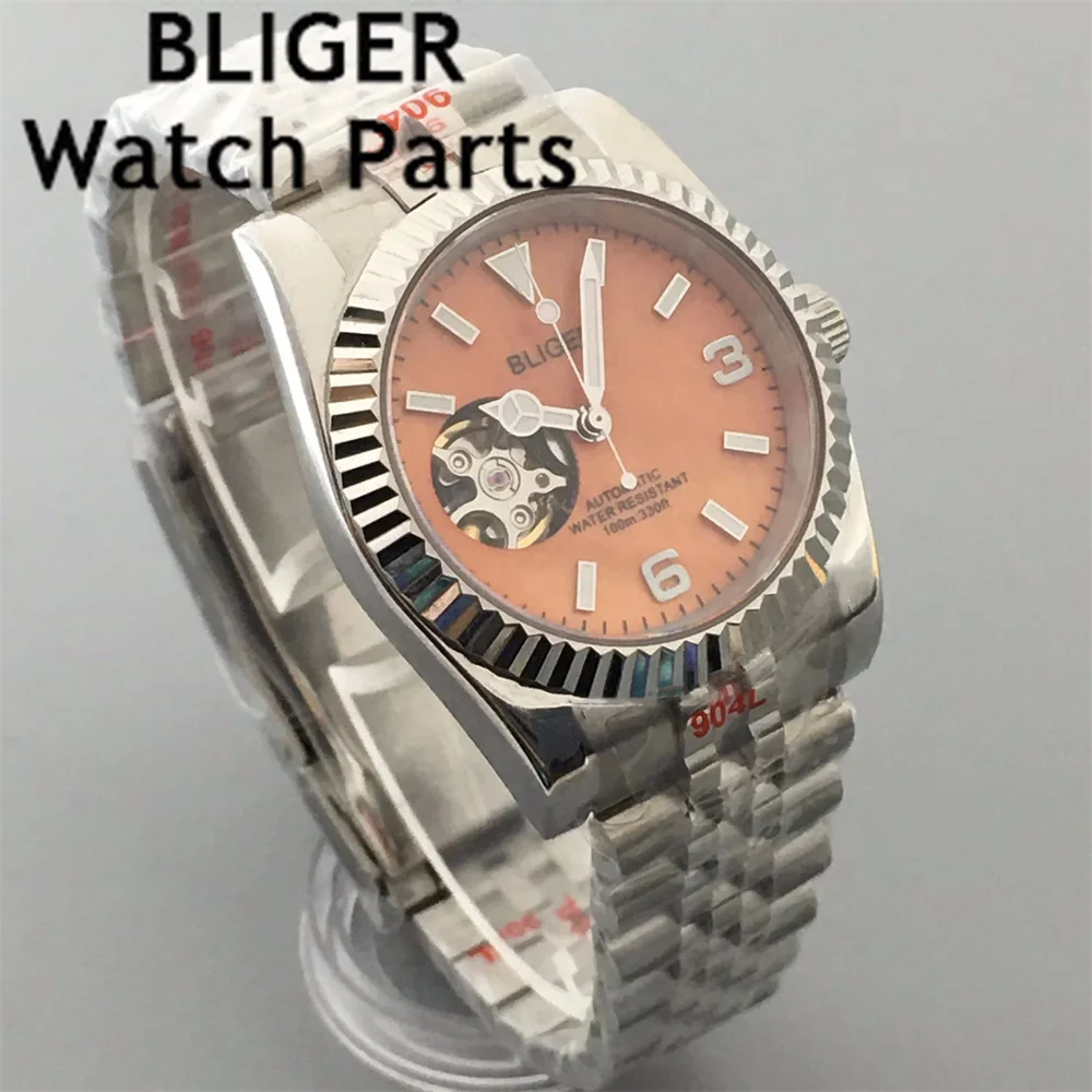BLIGER 36 мм/39 мм NH38 автоматические механические мужские часы с полым жемчужным циферблатом зеленый светящийся браслет из нержавеющей стали водонепроницаемый