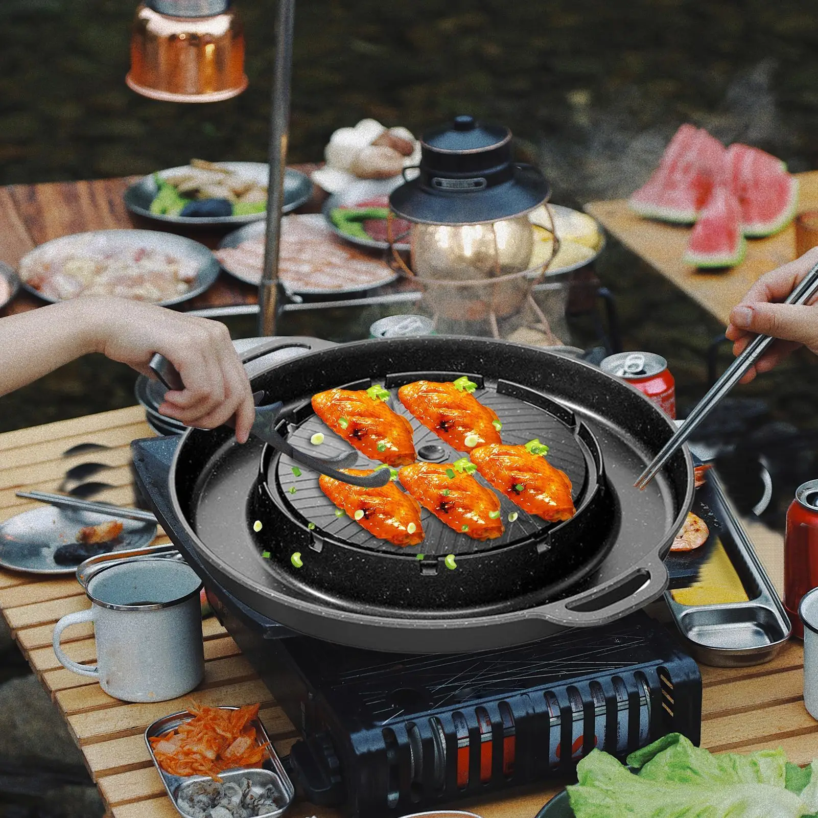 

2-in-1 Hotpot & Grill Pan, Nonstick Indoor Stove Top Griddle Pan, Aluminum Alloy Portable Smoker Pan For Kitchen Camping Table