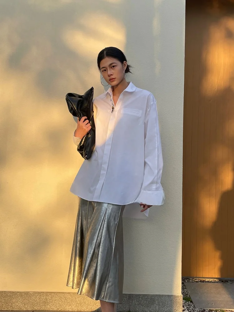 

High Density Long Velvet Cotton Women's Shirt Chicmoc Minimalist Old Money Silhouette Loose Fit Casual Style Long Sleeve
