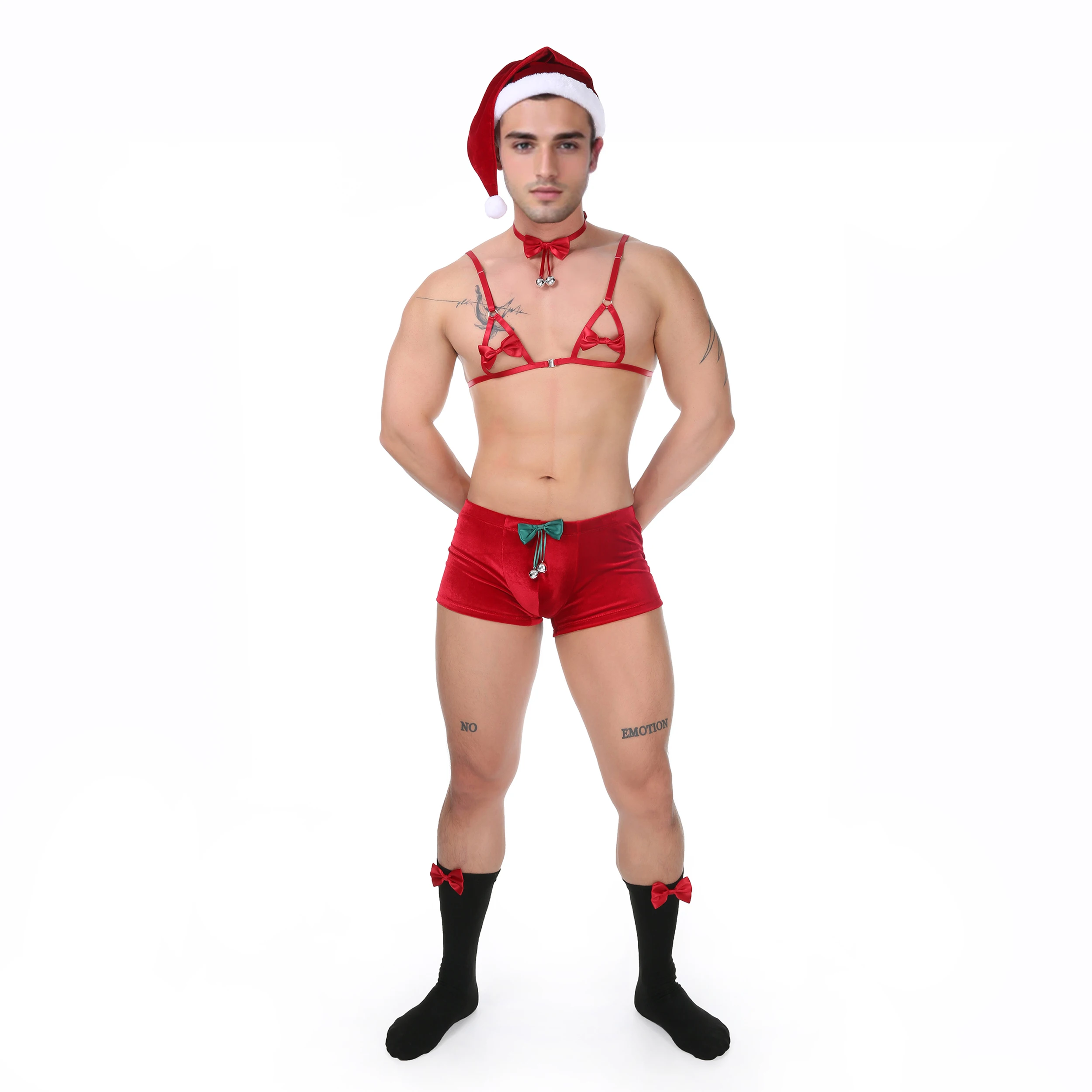 CLEVER-MENMODE Sexy Christmas Cosplay Lingerie Men Underwear Erotic Set Xmas Hat Bra Harness Socks Role Play Outfit Costume Bell