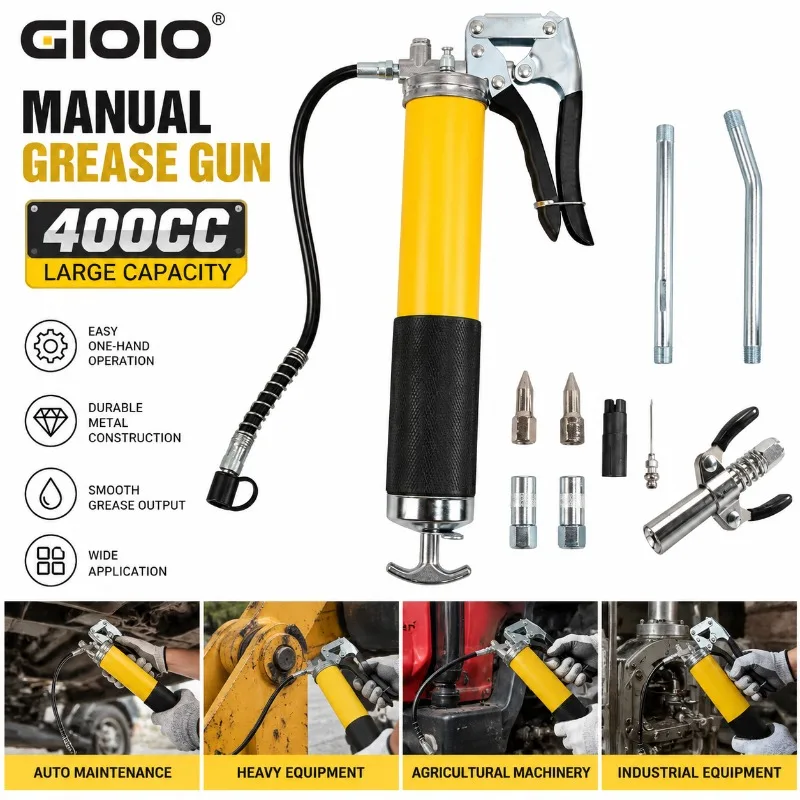GIOIO Pistola per grasso manuale 400CC con tubi flessibili di prolunga e set di raccordi per auto, camion, agricoltura, edilizia e manutenzione industriale