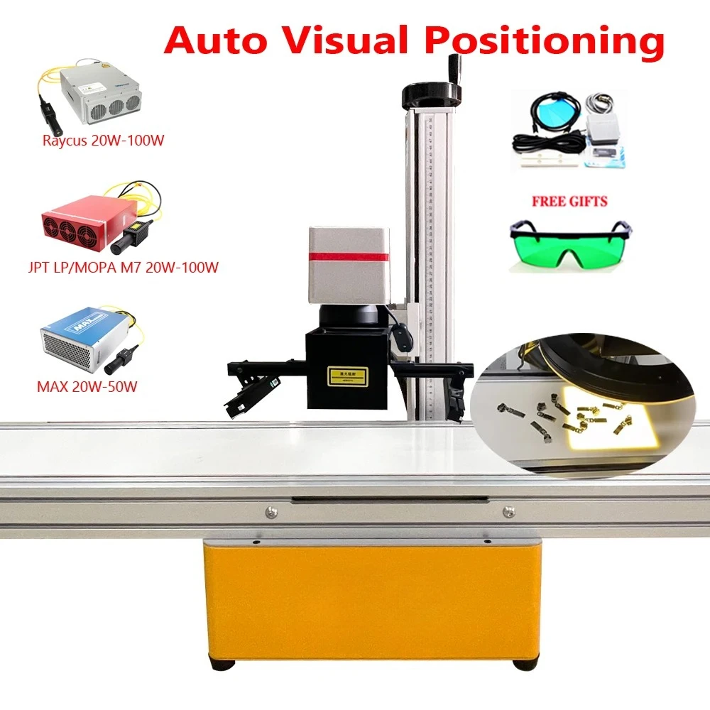 Auto Visual Positioning Racyus Laser Metal Marking Cutting Machine JPT MOPA M7 20W 30W 50W 60W 100W With Conveyor Belt 1500mm