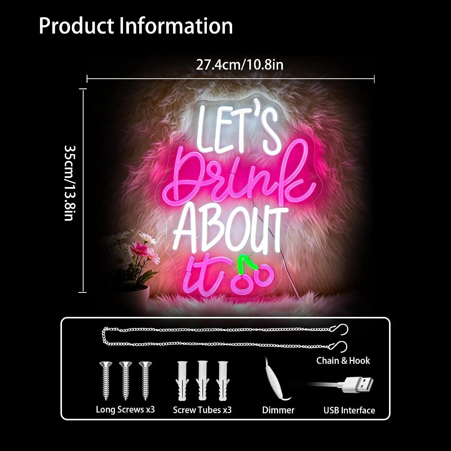 Let's Drink About It Neon Sign USB Dimmable LED Light For Home Bar Girls Bedroom Bachelorette Party Cocktail Lounge Wall Decor