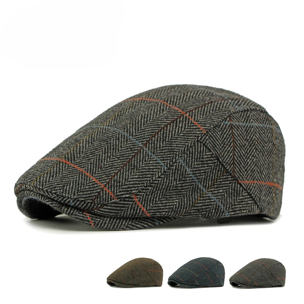 Autumn Twill Beret Hat Men Middle-aged Elderly Flat Peaked Cap Tweed Newsboy Cap Gatsby Ivy Herringbone Hat Duckbill Hat Women