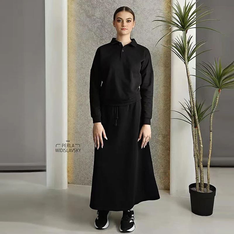 

New fall women lady clothes black sweatshirt shirt maxi waisted skirt long sleeves top square collar girl skirts with string set