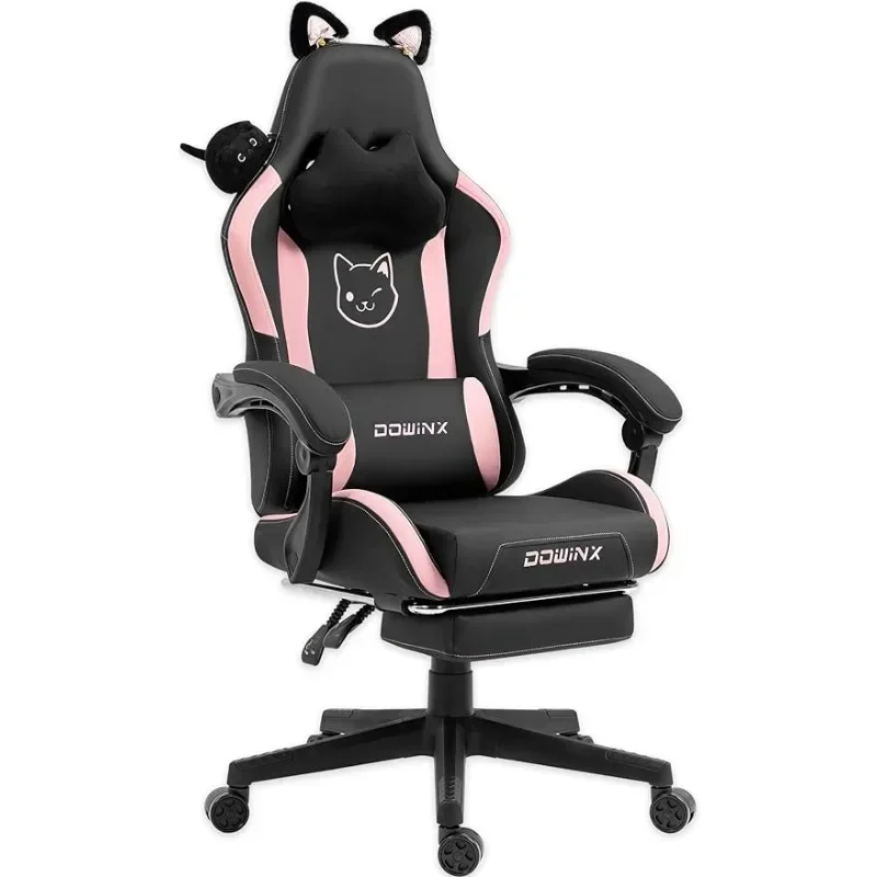 Dowinx Gaming Chair Cute with Cat Ears and Massage Lumbar Support, Ergonomic Computer Chair for Girl with Footrest