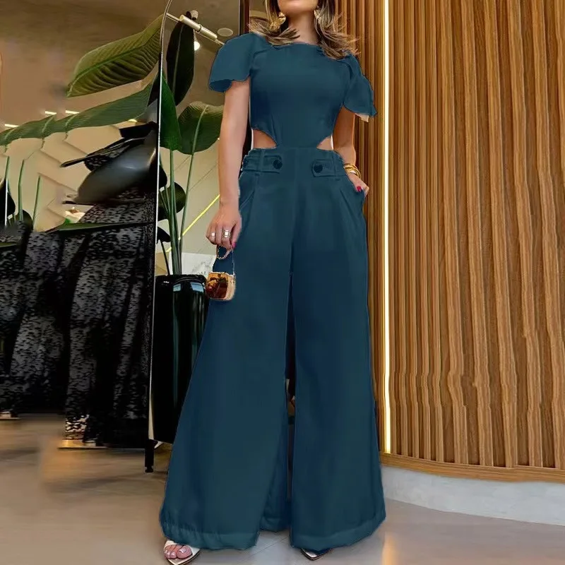 Elegant Autumn 2023 Fashion Two Piece Set Women Top and Pants Button Zipper Waist Hollow Solid Loose Wide Leg Trousers Suit