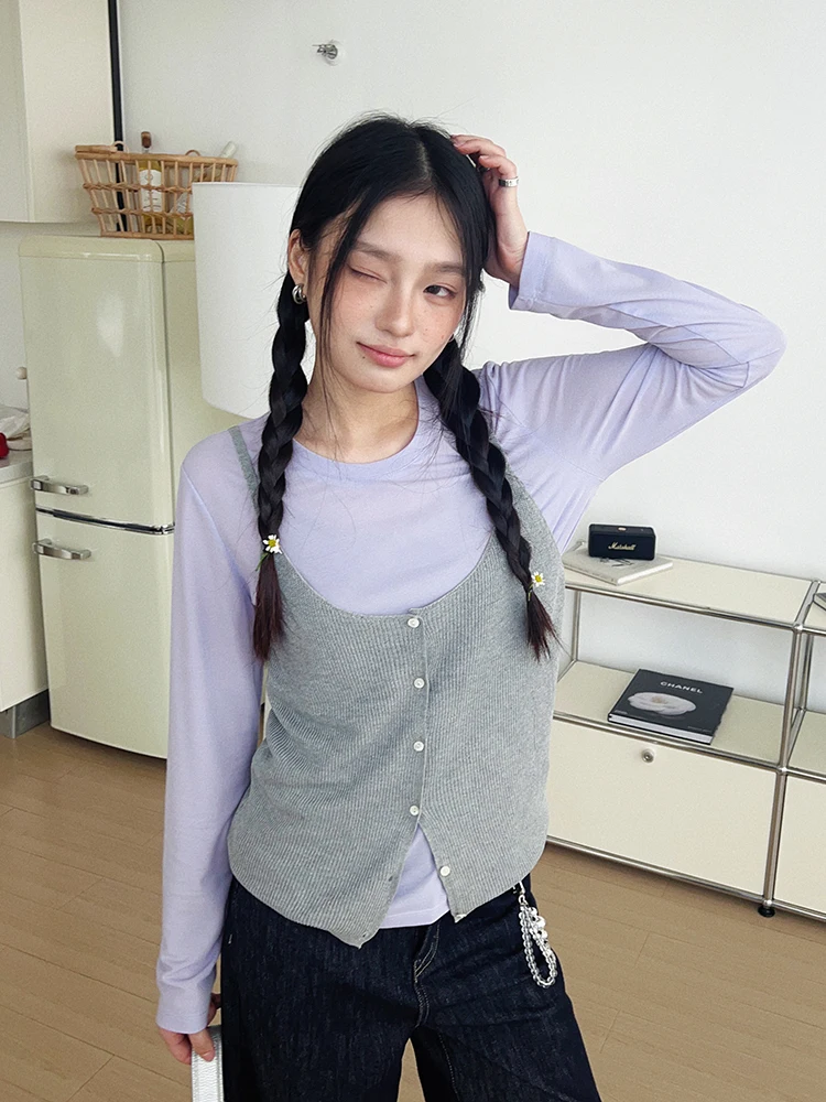 

Boran Korean Sle Color Blo Knitted Two-Piece Set Long Sve Inner Wear Top Strap Design Elastic round Ne Regular Fit