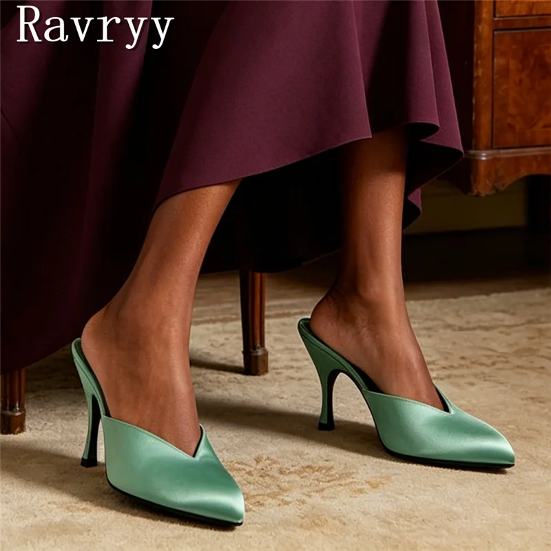 Chic Satin Pointed Toe Mule Heels Women Designer New V-Cut Backless Slippers for Wedding Party Evening Club