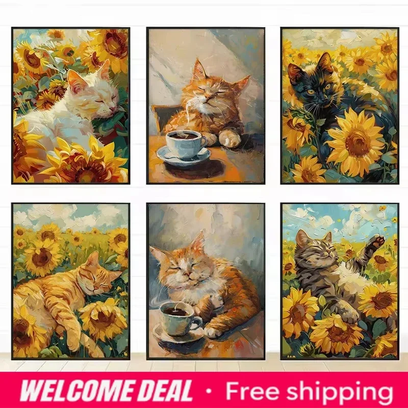 2026  1PC Frameless Orange Cat Lying Sunflower Poster Cute Cats Canvas Painting Wall Art Picture for Living Room Home Decor M