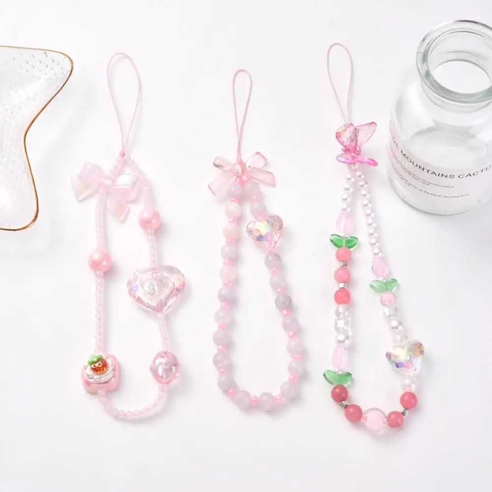 Fashion Acrylic Mobile Phone Chain Sweet Cute Heart Shape Butterfly Beaded Telephone Lanyard Hanging Cord Women Girls Jewelry