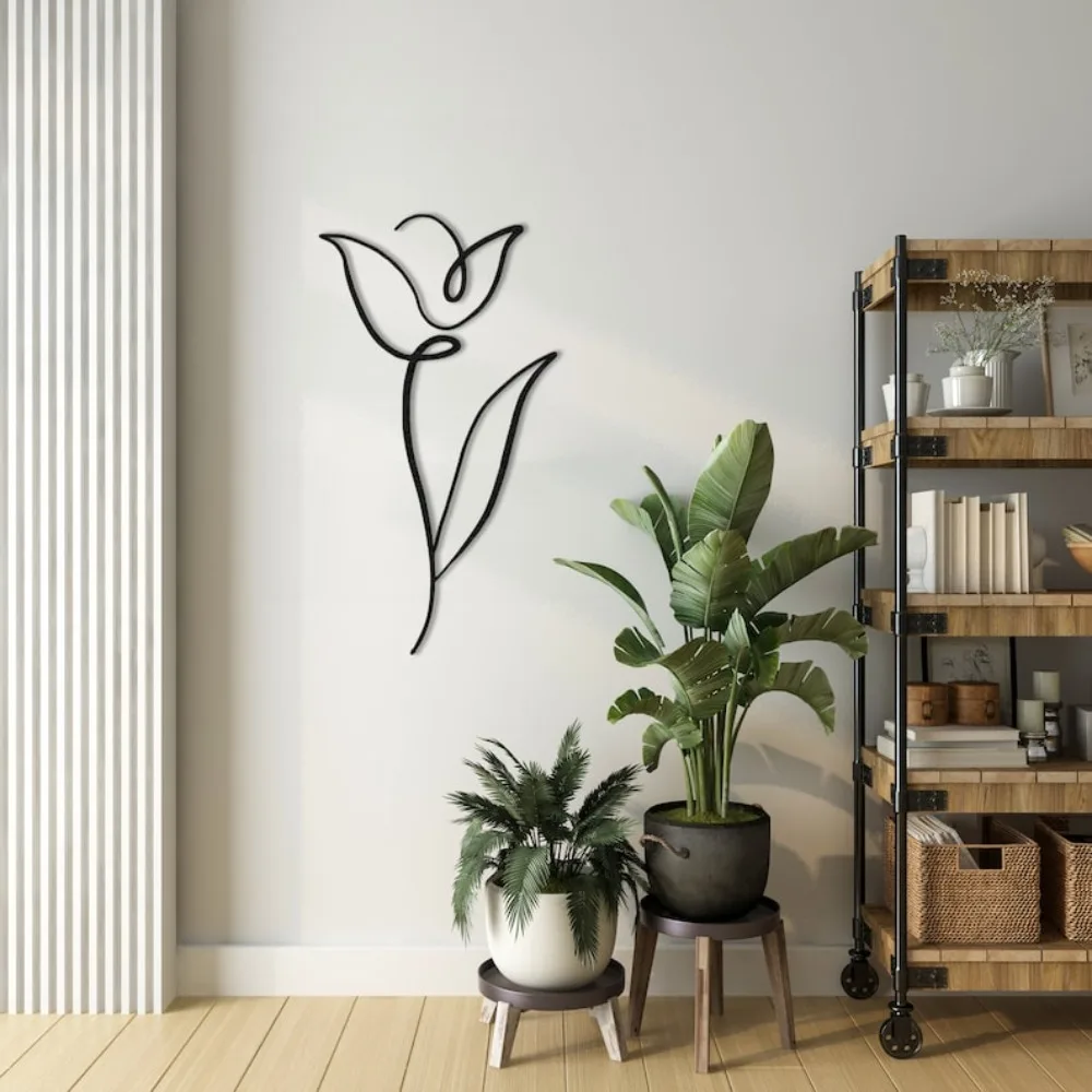1pc Minimalist Tulip Metal Wall Art, Continuous Line Floral Home Decor
