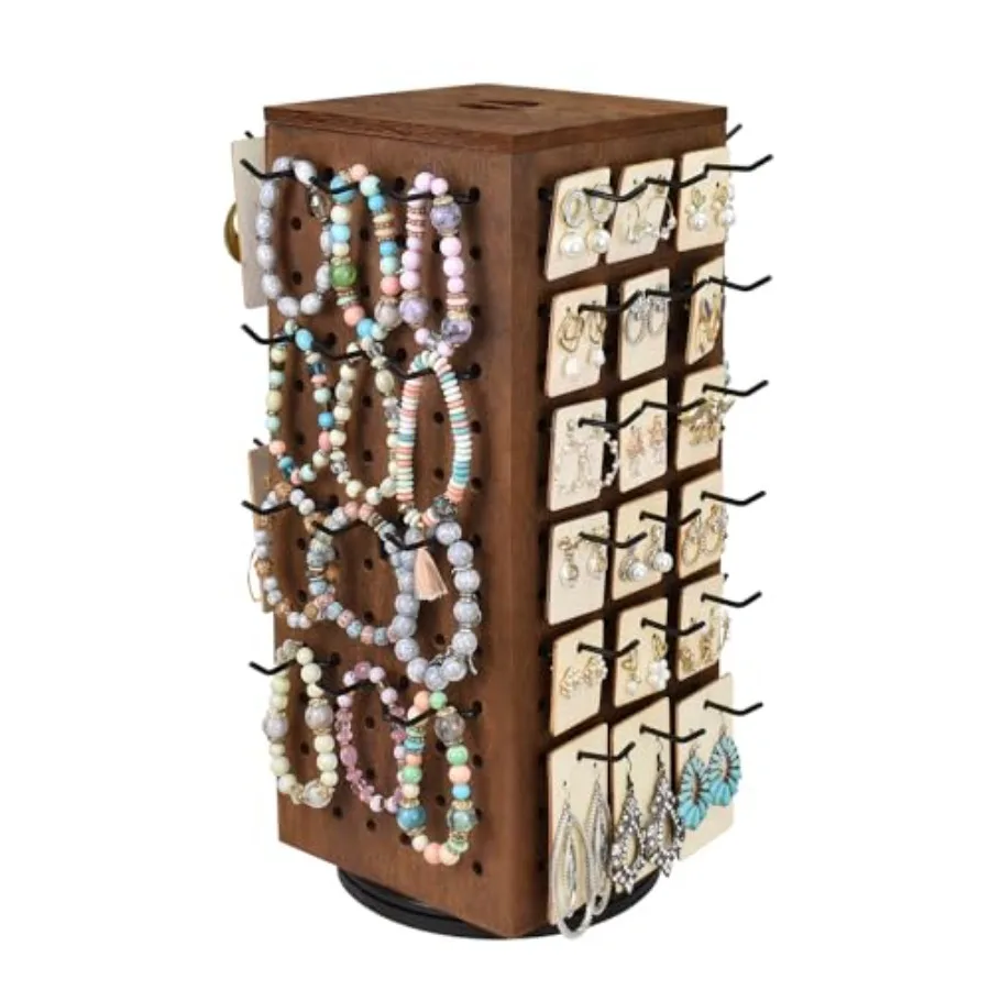 

Wooden Rotating Four-Sided Pegboard Jewelry Accessories Rack Rotating Jewelry Display with a Lid for Large Inner Storage Space