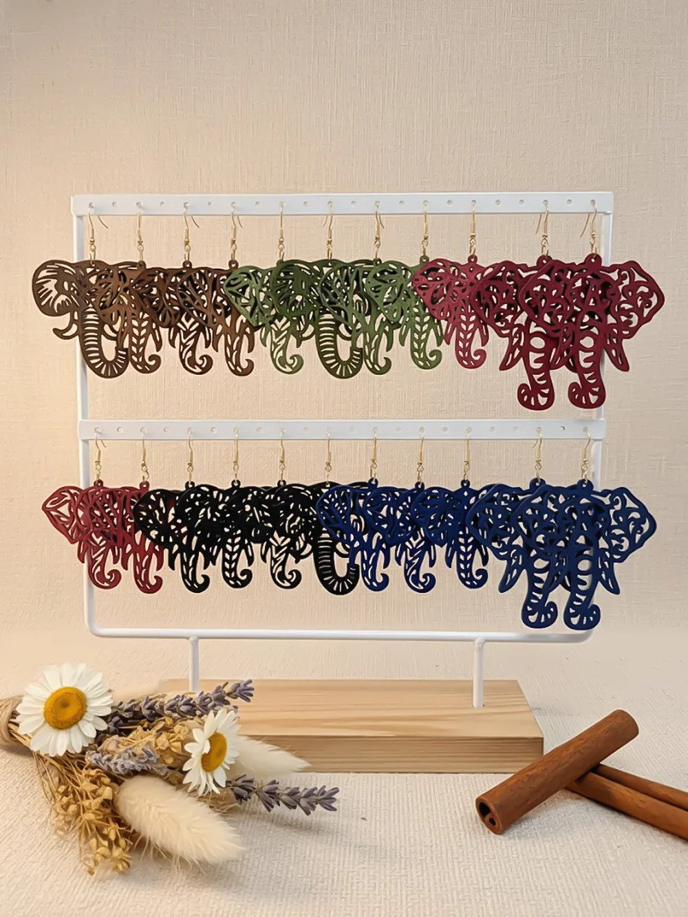 4 Paar/Set, modisches Damen-Ohrring-Set mit hohlem Anhänger, Elefantenförmige Holzohrringe im Vintage-Ethno-Stil, alltägliche Urlaubskleidung, Glücks-Feiertagsgeschenk