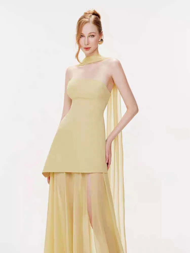

Elegant Flowing Sash Strapless Dress Women's Unique Design Slimming Beautiful Fashionable Long Evening Gown Polyester Fiber