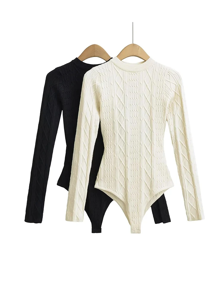 Women Criss-cross Knitted Beige Bodysuits Long Sleeve Backless Elastic Slim Top Jumpsuit