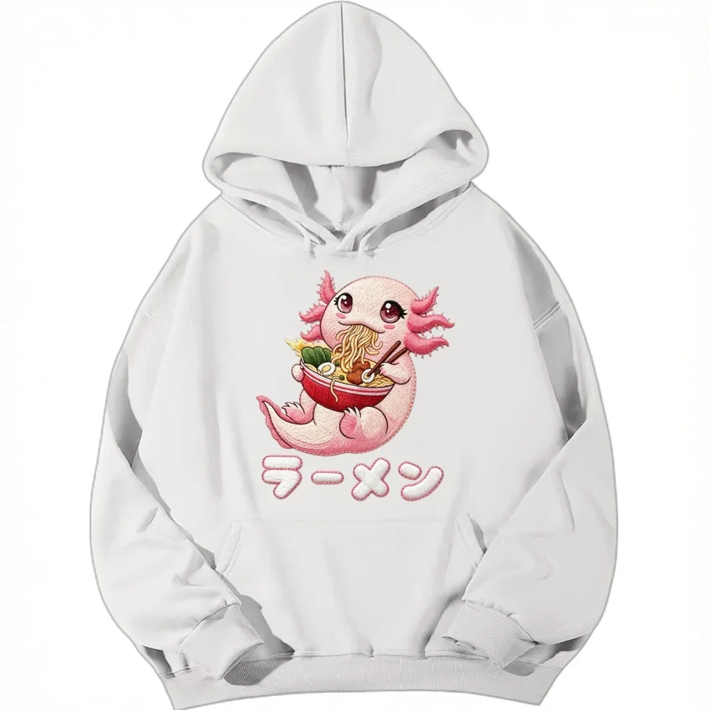 Women Cute Cartoons Hoodies Axolotl Eating Ramen Imitation Embroidery Print Plus Size Streetwear Harajuku Female Warm Sweatshirt