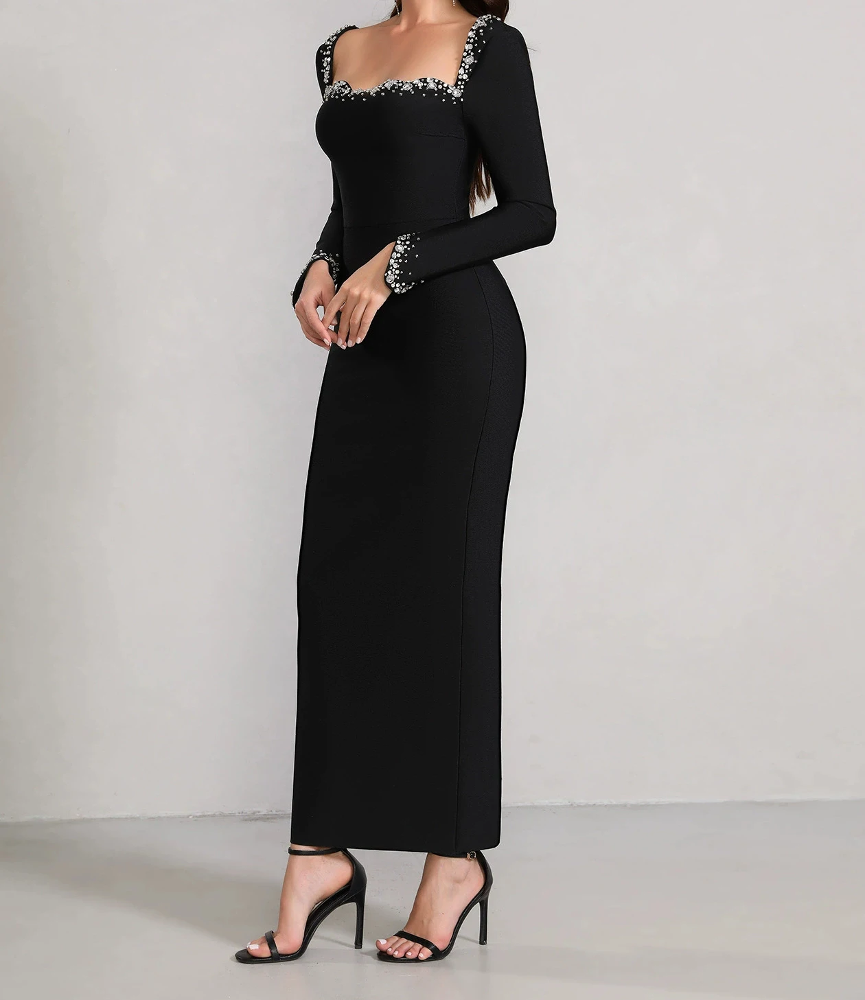 Abito da ballo a maniche lunghe in cristallo di alta qualità, elegante abito da sera con fasciatura per donna-GZXXX343