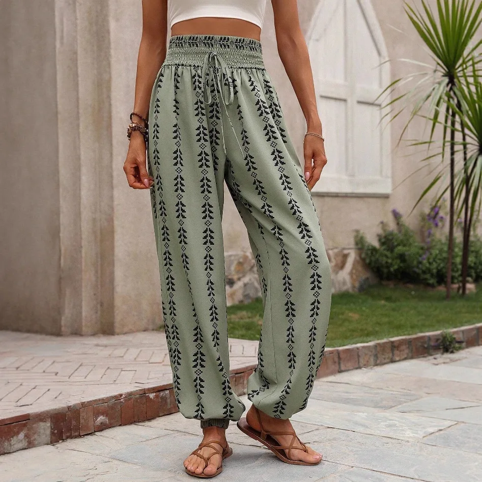 2025 Summer Women's Geometric Print Lantern Pants Casual Versatile Independent Station Cross-Border Ele Straight Leg Trou...