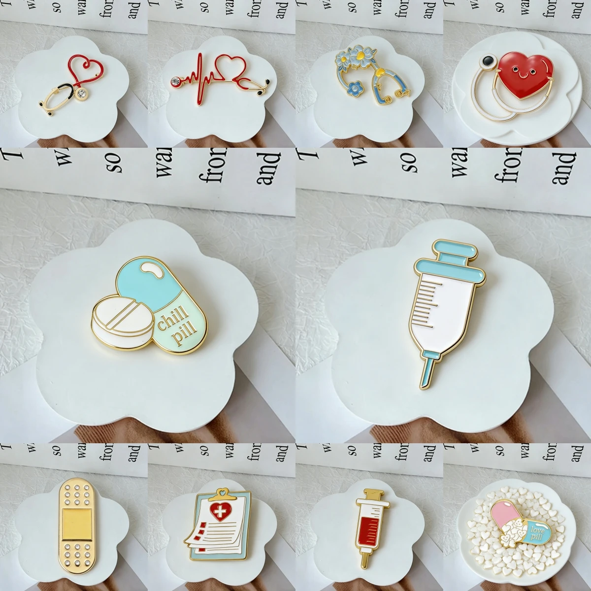 Medical Equipment Enamel Lapel Pins, Heart Stethoscope Syringe Blood Type Badge, Medical Professional Jewelry