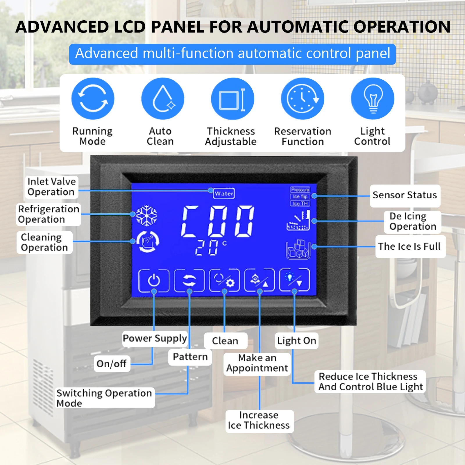 Máquina comercial de fazer gelo, 110LBS/24H com compartimento de 27LBS e filtro de água, aço inoxidável, operação automática, sob balcão de máquina de gelo