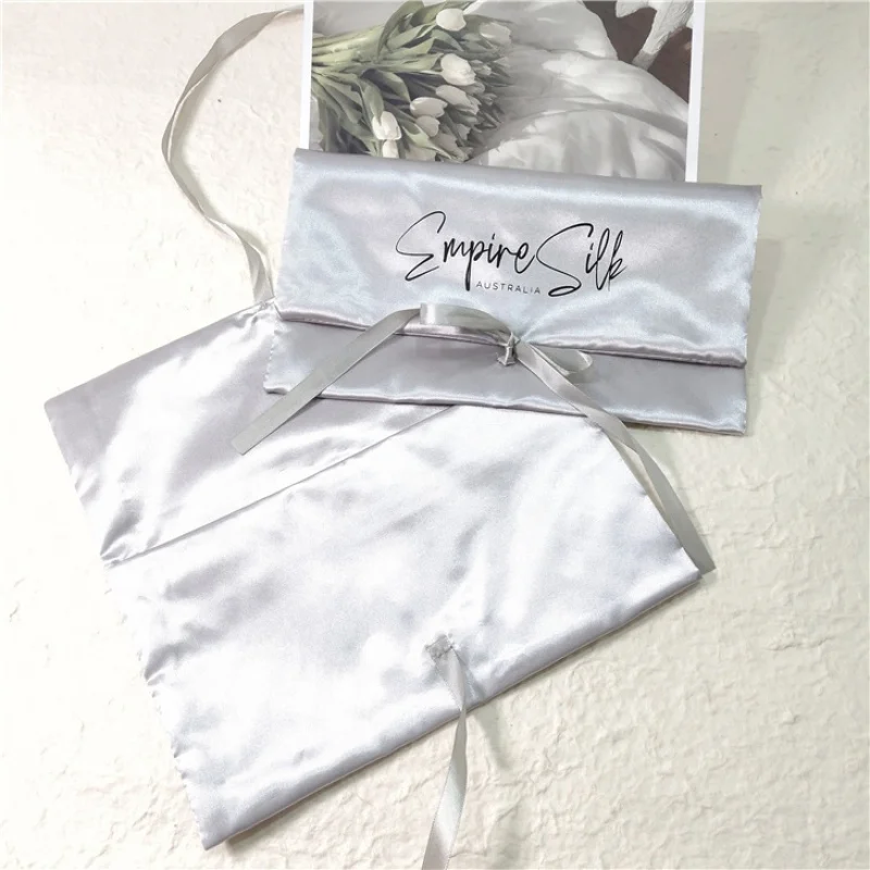 custom.Custom Silver Black Silk Satin Envelope Flap Jewelry Pouch Satin Silk Dust Bags With Ribbon Tie