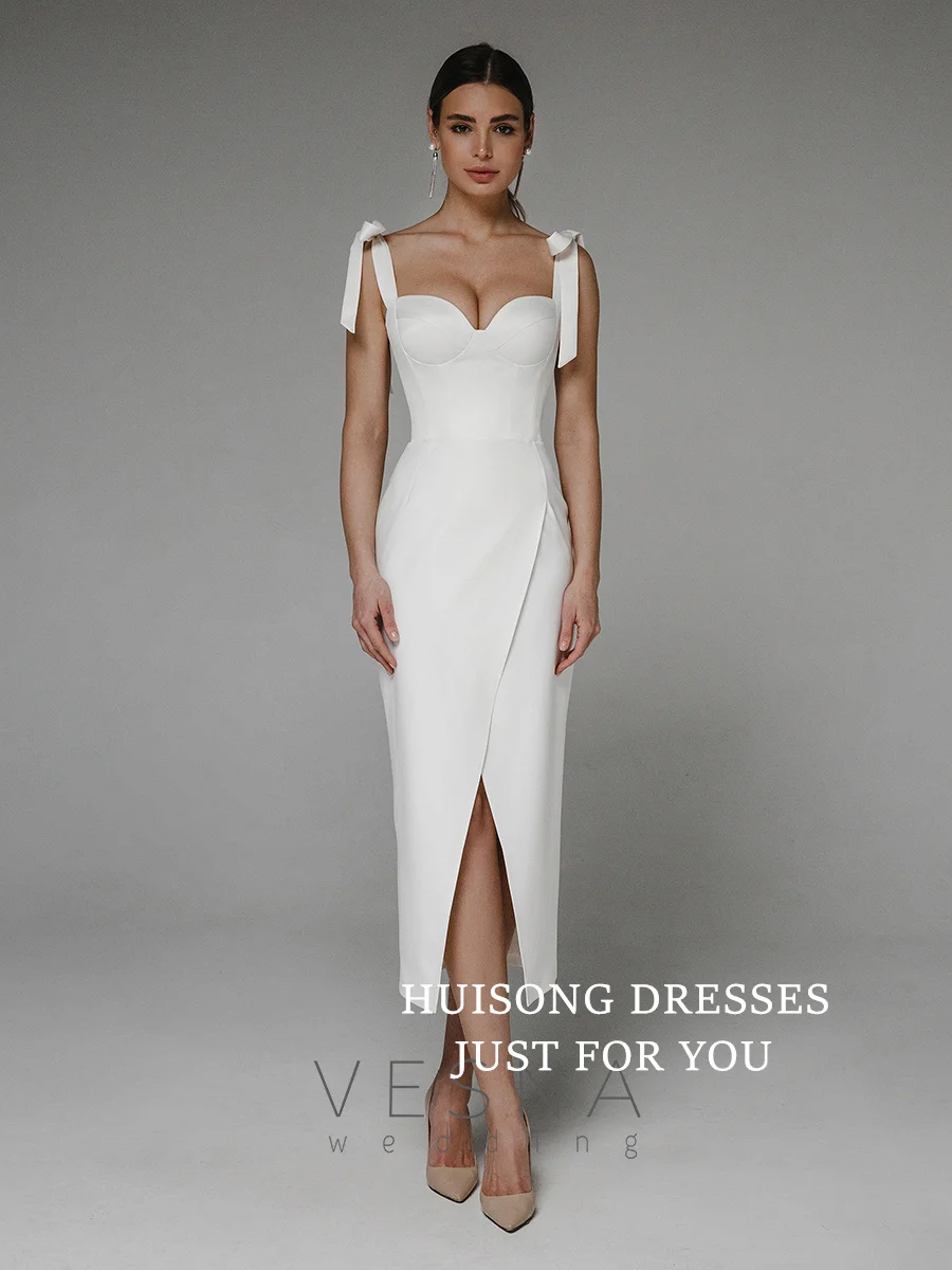 

HUISONG Customized Satin Mermaid Wedding Dresses Sleeveless Spaghetti Straps Side Split Beach Bridal Gown свадебное платье