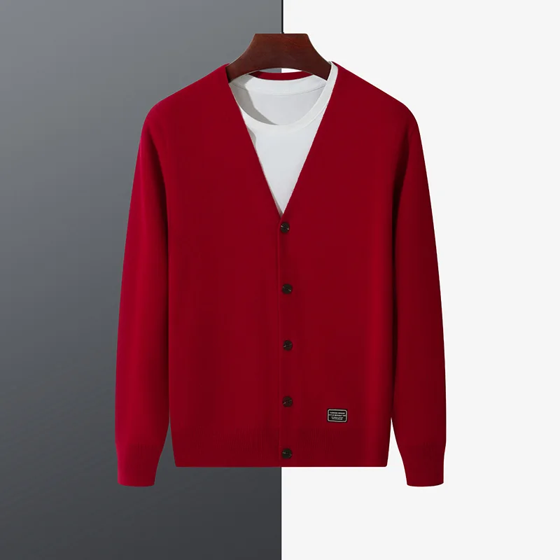 

Autumn And Winter Solid Color Long Sleeve Cardigan 100% Pure Wool V-neck Bbusiness Casual Men's Cashmere Sweater