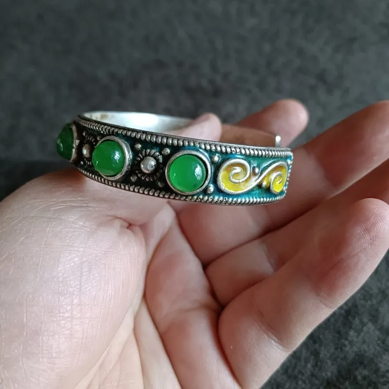 Antique, Handcrafted By An Silversmith, Inlaid With Jade-Colored Beads, Vintage Item, Old Silver Bracelet