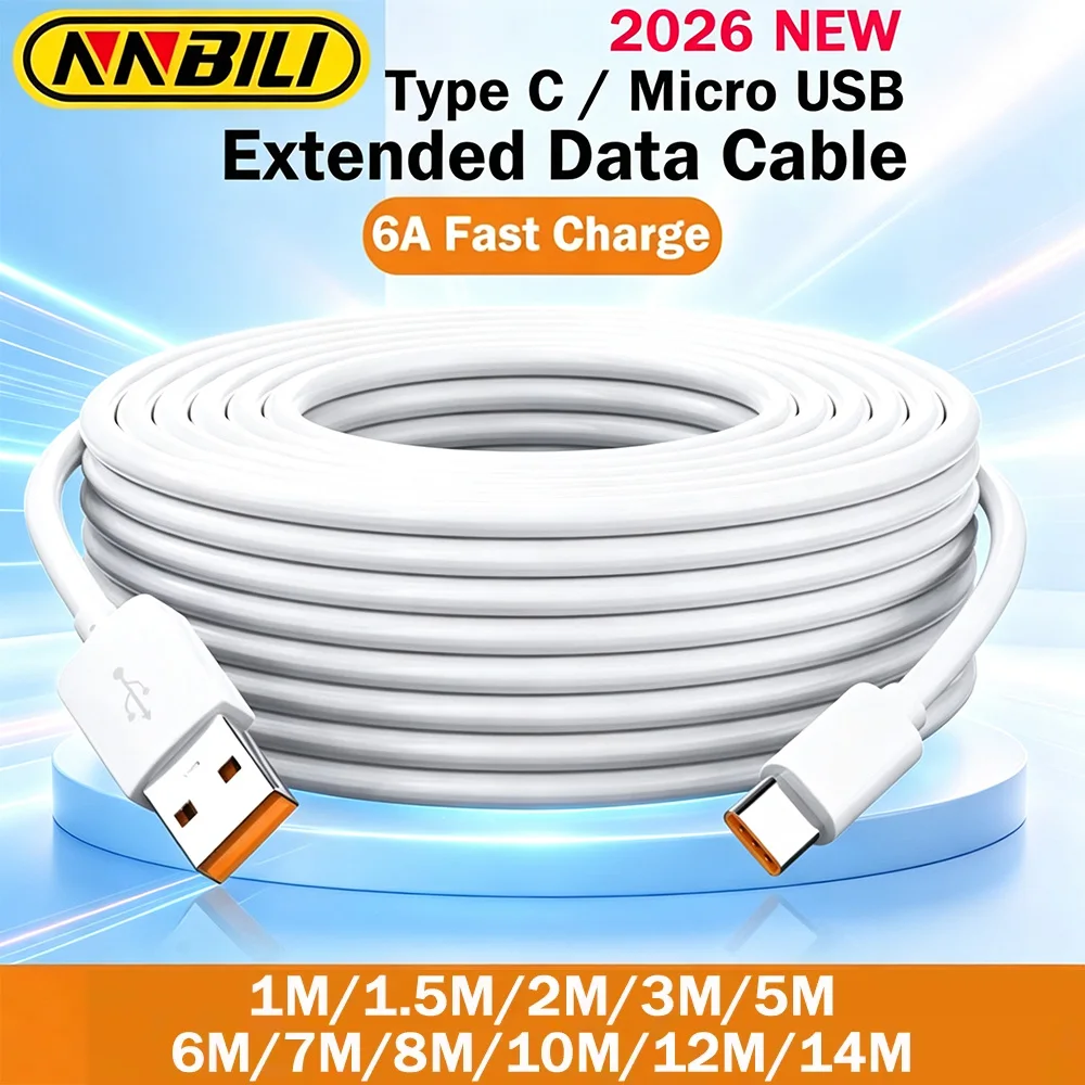 NNBILI 1M-14M Extra Long Micro/Type C USB C Charge Cable for Xiaomi Huawei PS4/5 Camera VR Monitoring Android Phone Universal